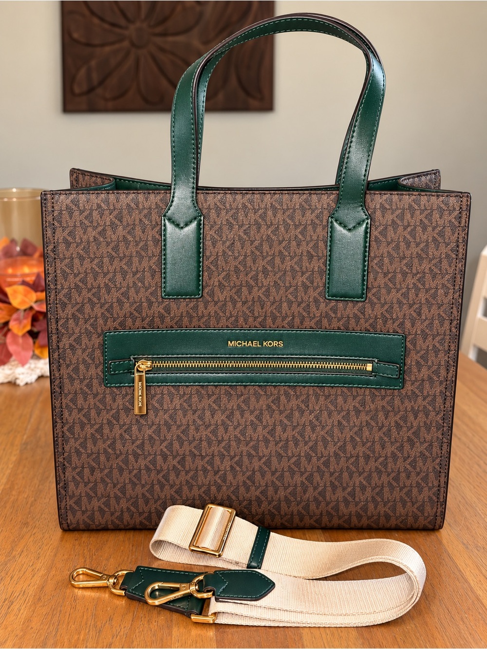 Michael Kors Kenly - Brown Monogram Tote with Green Trim and Cream Strap